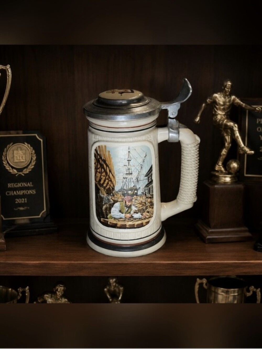 Avon Ceramic Stein Mug in Cream and Blue with Pewter Lid